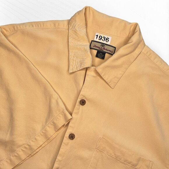 Vtg Tommy Bahama Silk Button Up Down Hawaiian Shirt Mens 2XL Yellow Short Sleeve - Picture 1 of 10